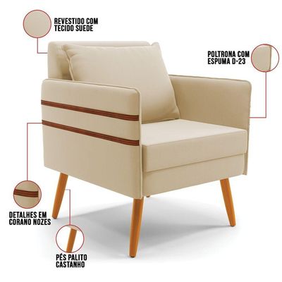 Kit 01 Namoradeira 02 Lugares E 01 Poltrona Mari Suede Bege Pés Palito Castanho - D'rossi