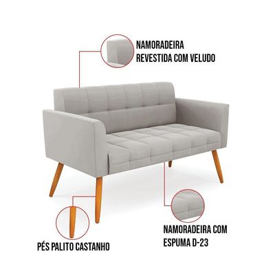 Kit 1 Sofá Namoradeira E 1 Poltrona Elisa Veludo Cinza Pés Palito Castanho - D'rossi