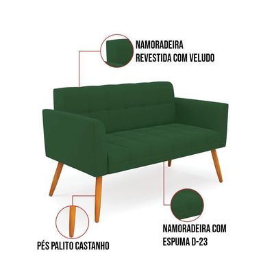 Kit 1 Sofá Namoradeira E 2 Poltronas Elisa Veludo Pés Palito Castanho - D'rossi Cor Verde