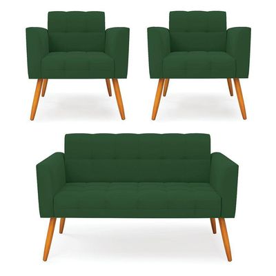Kit 1 Sofá Namoradeira E 2 Poltronas Elisa Veludo Pés Palito Castanho - D'rossi Cor Verde