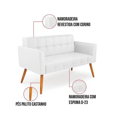 Kit 1 Sofá Namoradeira E 1 Poltrona Elisa Corino Pés Palito Castanho - D'rossi Cor Branco