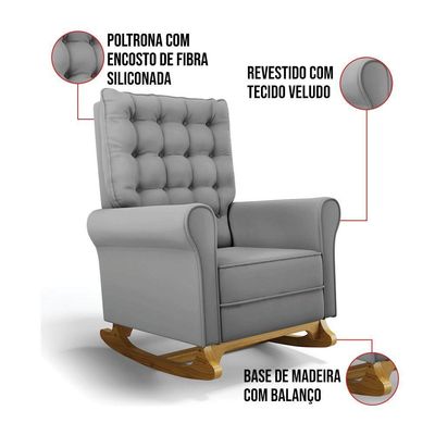 Poltrona De Amamentação Com Balanço E Puff Manu Veludo Base De Madeira - D'rossi Cor Cinza