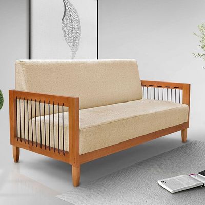 Kit Poltrona E Sofá Living 2 Lugares Marilia 1,60m Linho Dourado Base Em Madeira Castanho - Pallazio