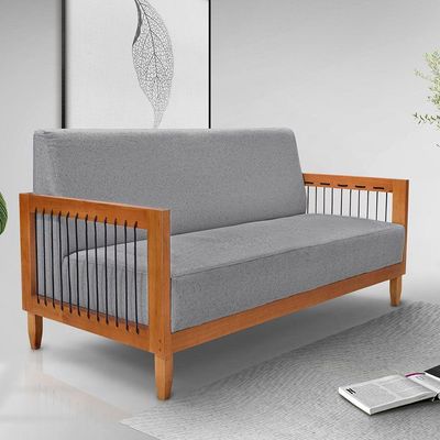 Kit Poltrona E Sofá Living 2 Lugares Marilia 1,60m Linho Grafite Base Em Madeira Castanho - Pallazio