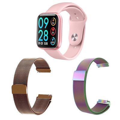 Kit Smartwatch P80 Rosa + 2 Pulseiras Rosê E Arco íris