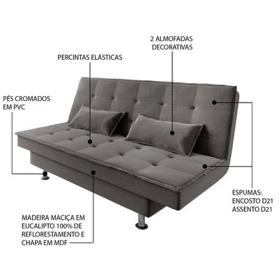 Sofá Cama 3 Lugares 1,84m Andradas Veludo Suede Cinza Mamflex Cinza