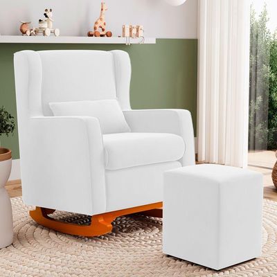 Poltrona De Amamentação E Descanso Zoe Com Base Balanço E Puff Sintético Branco - Desk Design