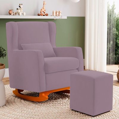 Poltrona De Amamentação E Descanso Zoe Com Base Balanço E Puff Veludo Rosê - Desk Design