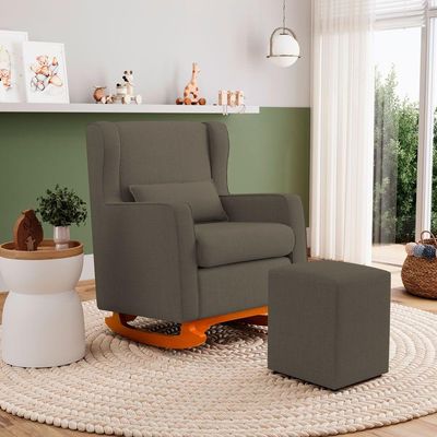 Poltrona De Amamentação E Descanso Zoe Com Base Balanço E Puff Linho Cacau - Desk Design