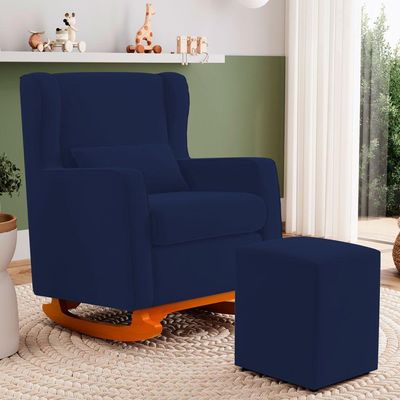 Poltrona De Amamentação E Descanso Zoe Com Base Balanço E Puff Veludo Azul Marinho - Desk Design