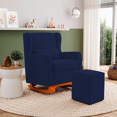 Poltrona De Amamentação E Descanso Zoe Com Base Balanço E Puff Veludo Azul Marinho - Desk Design