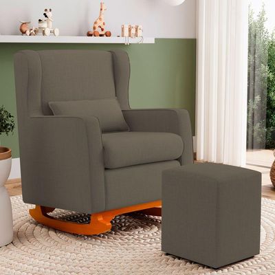 Poltrona De Amamentação E Descanso Zoe Com Base Balanço E Puff Linho Cacau - Desk Design