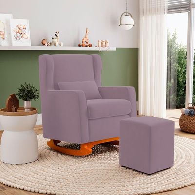 Poltrona De Amamentação E Descanso Zoe Com Base Balanço E Puff Veludo Rosê - Desk Design