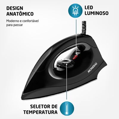 Ferro de Passar Roupa a Seco Mondial Fsn-55-B Preto - 220V UNICA