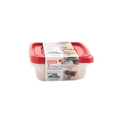 Conjunto de Potes São Bernardo Multiclick em Plástico Quadrado com Tampa Branca com 3 Peças 600ml UNICA