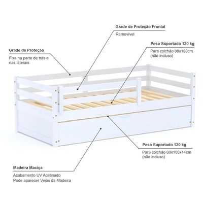 Bicama Infantil Eco Com Grade De Proteção Madeira Maciça Branco Mobilistore