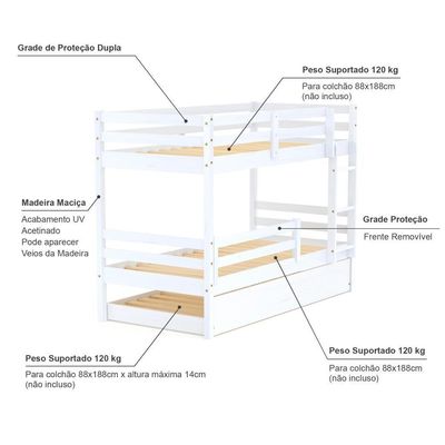 Treliche Infantil Eco Com Grade De Proteção Madeira Maciça Branco Mobilistore