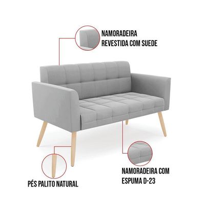 Kit 1 Sofá Namoradeira E 2 Poltronas Elisa Suede Cinza Pés Palito Natural - D'rossi