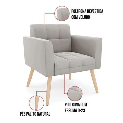Kit 1 Sofá Namoradeira E 1 Poltrona Elisa Veludo Pés Palito Natural - D'rossi Cor Cinza