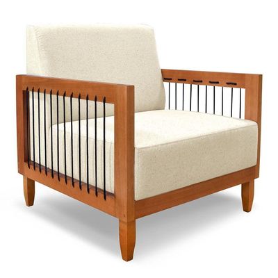 Kit 2 Poltronas Decorativa Marilia Linho Bege Base Em Madeira Castanho - Pallazio