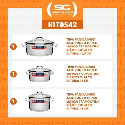 Kit - Jogo De Panelas Solar 3 Pçs Inox Pit 1, 2, 3 - Tramontina