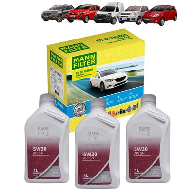 Kit Revisão 3 Litros de Óleo Classic Line 5W30 Sintético API SN + Kit de Filtros Mann Filter Fiat Uno 1.0/1.4 8V Flex 2010 até 2016