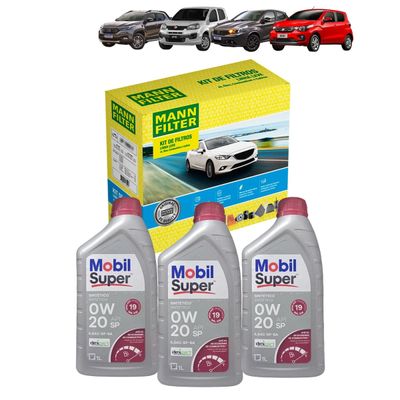 Kit Revisão 3 Litros de Óleo Mobil 0W20 API SP ILSAC GF-6 Sintético + Kit de Filtros Mann Filter Uno 1.0 6V Flex/Uno 1.3 8V Flex 2016 em diante
