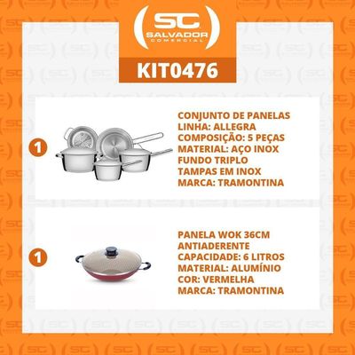 Kit - Jogo De Panelas Allegra 5 Pçs Inox + Panela Wok Alumínio Paris 36cm Vermelha - Tramontina
