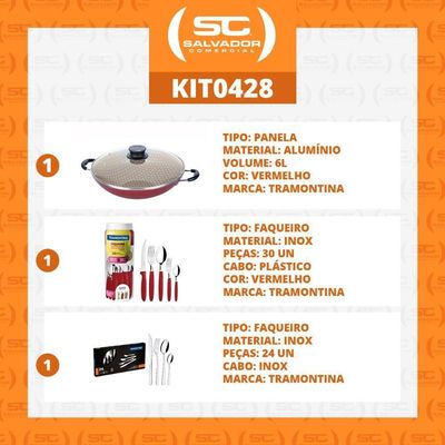 Kit - Panela Wok 36 Cm Vermelho + 1 Faqueiro Vermelho 30pç + 1 Faqueiro Inox 24pç - Tramontina