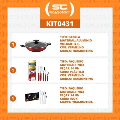 Kit - Panela Wok Alumínio 28cm + 1 Faqueiro Vermelho 30pç + 1 Faqueiro Inox 24pç - Tramontina