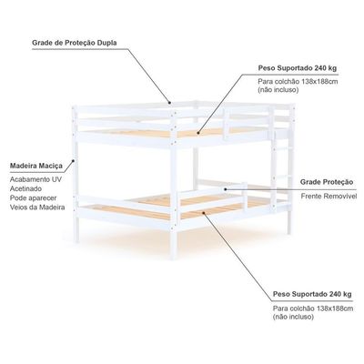 Beliche Casal Casal Eco Com Grade De Proteção Madeira Maciça Branco Mobilistore