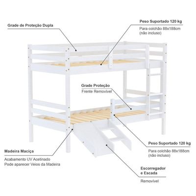 Beliche Solteiro Infantil Eco E Mini Escada/escorregador Madeira Maciça Branco Mobilistore