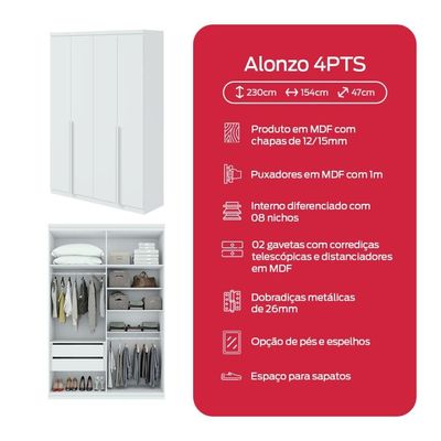 Guarda-roupa Solteiro Alonzo 4 Portas 2 Gavetas Branco Lopas