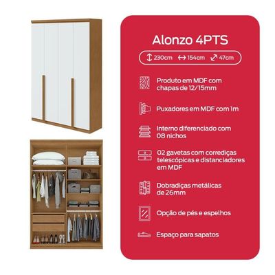 Guarda-roupa Solteiro Alonzo 4 Portas 2 Gavetas Amêndoa Clean/branco Lopas