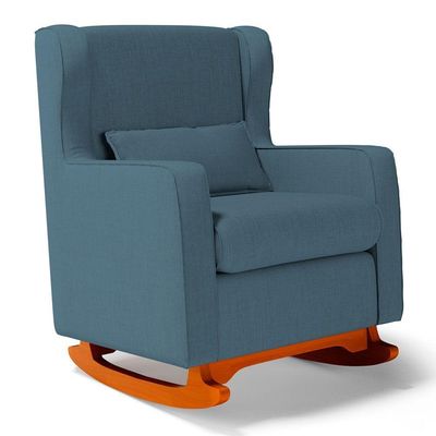 Poltrona De Amamentação E Descanso Zoe Com Base Balanço E Puff Linho Denim - Desk Design
