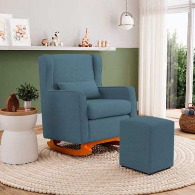 Poltrona De Amamentação E Descanso Zoe Com Base Balanço E Puff Linho Denim - Desk Design