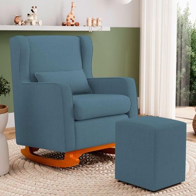 Poltrona De Amamentação E Descanso Zoe Com Base Balanço E Puff Linho Denim - Desk Design