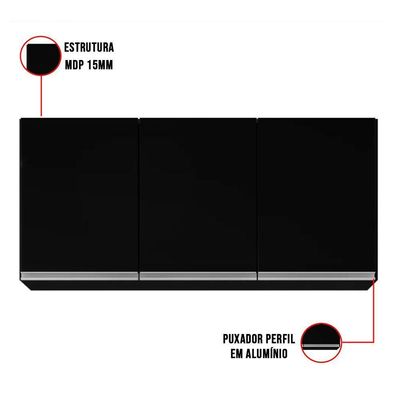 Armário Aéreo De Cozinha 03s Tina Preto 120cm