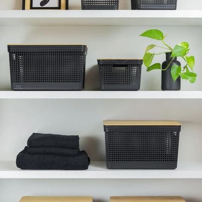 Cesto Organizador Grid Com Tampa Em Bambu 20l Ou Preto