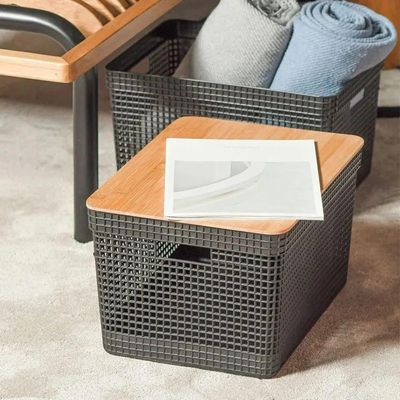 Cesto Organizador Grid Com Tampa Em Bambu 20l Ou Preto