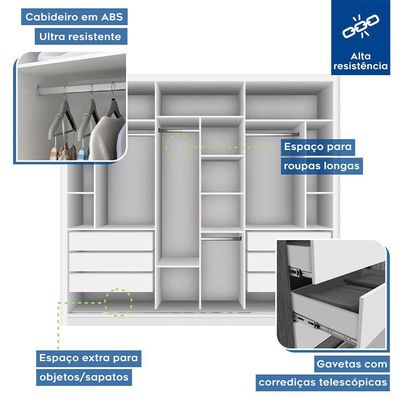 Guarda Roupa Casal Com 9 Espelhos 3 Portas Ravena Minastex Branco