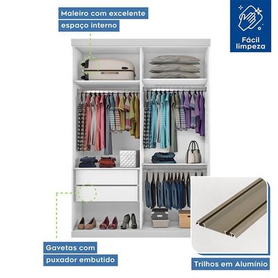 Guarda Roupa Solteiro 2 Portas De Correr E 3 Espelhos Cléo Minastex Branco