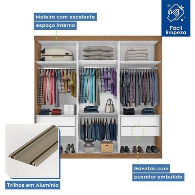 Guarda Roupa Casal 3 Portas De Correr 4 Gavetas E 3 Espelhos Barcelona Minastex Freijó