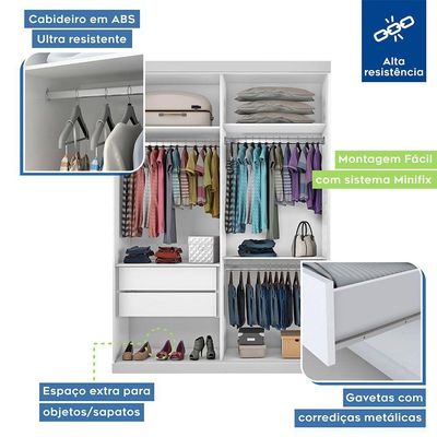 Guarda Roupa Solteiro 2 Portas De Correr E 3 Espelhos Cléo Minastex Branco