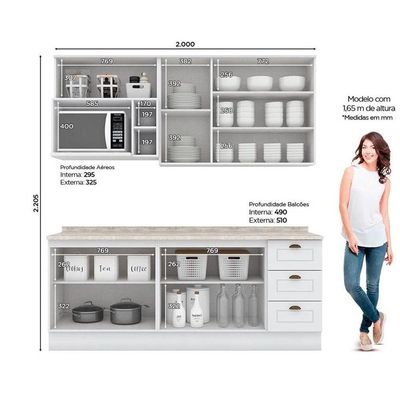 Cozinha Completa Americana (2 Aéreos, 2 Balcões, 1 Nicho, 2 Complementos ) 7 Peças Branco - Henn