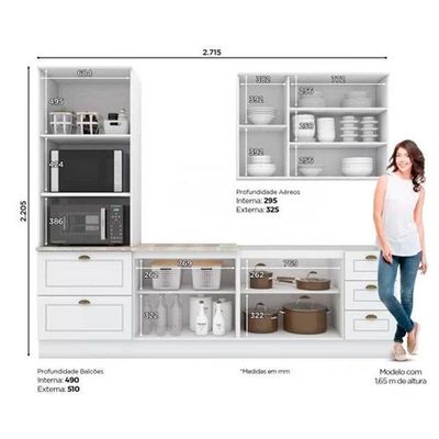 Cozinha Completa Americana (1 Aéreo, 2 Balcões, 1 Paneleiro, 1 Complemento) 5 Peças Branco - Henn