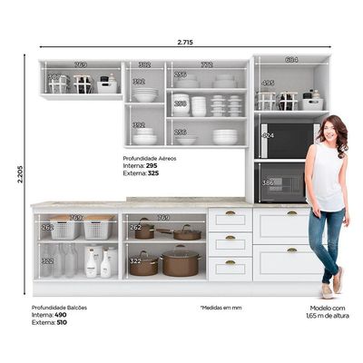 Cozinha Completa Americana (2 Aéreos, 2 Balcões, 1 Paneleiro, 2 Complemento) 7 Peças Branco - Henn