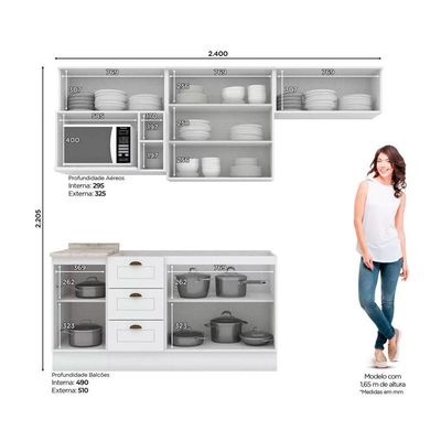 Cozinha Completa Americana (3 Aéreos, 2 Balcões, 1 Nicho, 1 Complemento) 7 Peças Branco - Henn