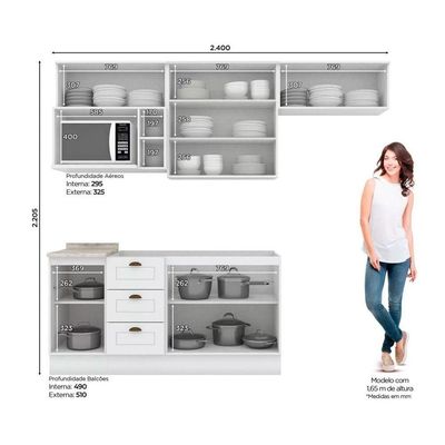 Cozinha Completa Americana (3 Aéreos, 2 Balcões, 1 Nicho, 1 Complemento) 7 Peças Branco - Henn
