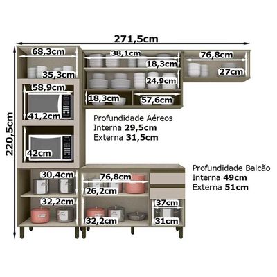 Cozinha Completa Connect (2 Aéreos, 1 Balcão, 1 Paneleiro) 4 Peças Duna/Cristal - Henn